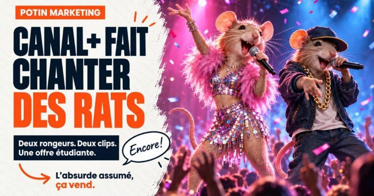 Deux rats mascottes stylisés sur une scène de concert sous des projecteurs roses et bleus. Canal+ fait chanter des rats pour vendre ses abonnements étudiants