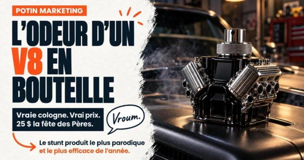 Flacon de parfum noir et chromé en forme de bloc moteur posé sur le capot d'une muscle car noire. Dodge vend une eau de cologne à l'odeur de V8