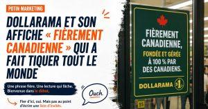 Affiche Dollarama Fierement canadienne fondee et geree a 100% par des Canadiens, photographiee le 3 avril 2026, ayant declenche un debat public.