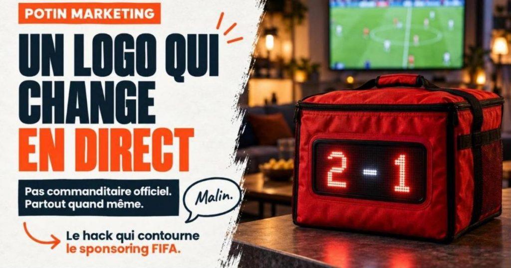Sac de livraison rouge sur un comptoir devant une télé qui diffuse un match de soccer. DoorDash change son logo en direct pendant le Mondial 2026