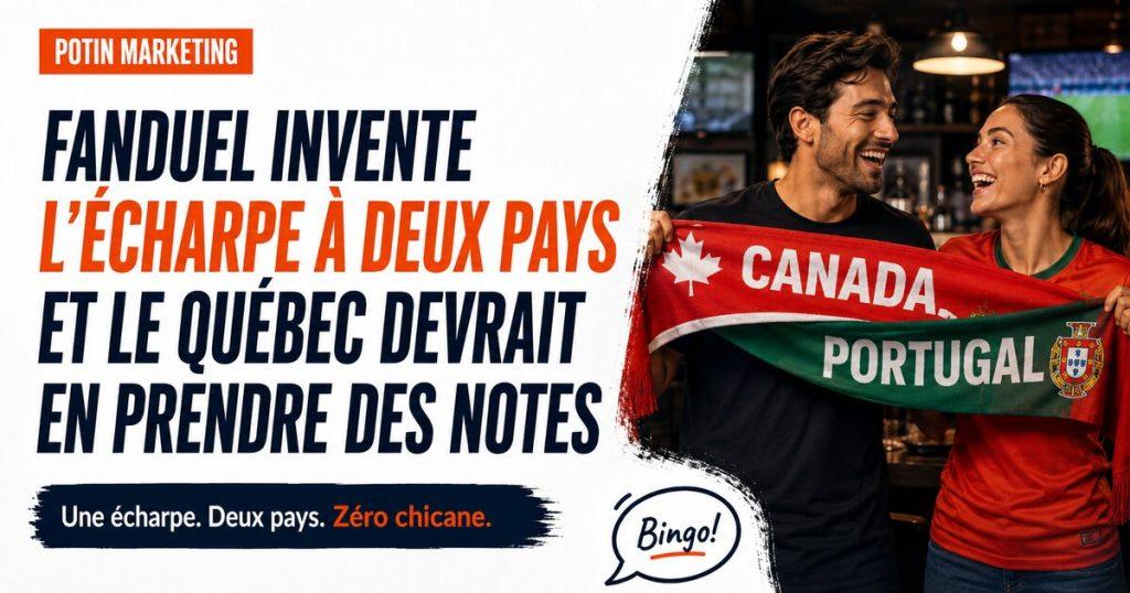 Echarpe reversible FanDuel Canada Dual Fan aux couleurs du Canada et du Portugal, campagne OneMethod pour la Coupe du Monde 2026.