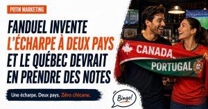 Echarpe reversible FanDuel Canada Dual Fan aux couleurs du Canada et du Portugal, campagne OneMethod pour la Coupe du Monde 2026.
