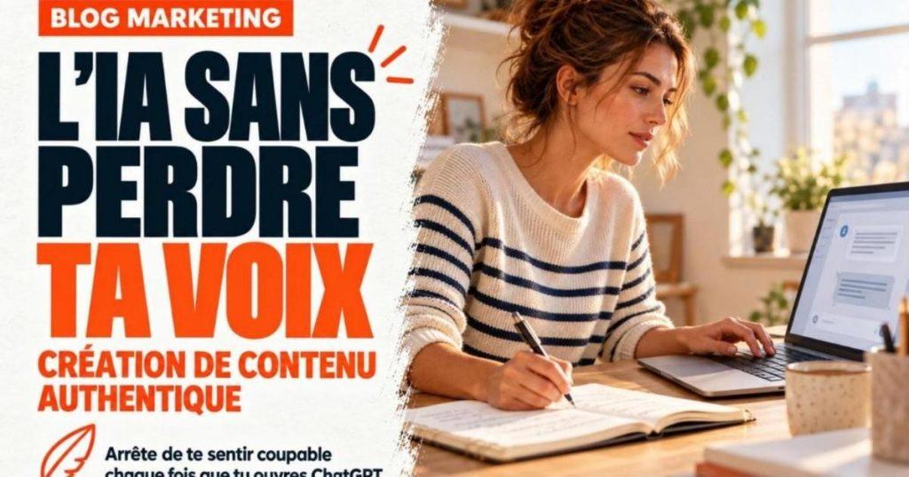Créatrice de contenu à son bureau qui écrit dans un carnet d'une main et tape sur un ordinateur de l'autre. IA et création de contenu : garder ton authenticité
