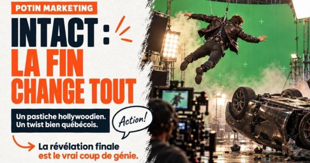 Plateau de tournage d'un film d'action vu des coulisses avec un cascadeur en veste de cuir suspendu. Patrick Huard en héros d'action pour Intact Assurance