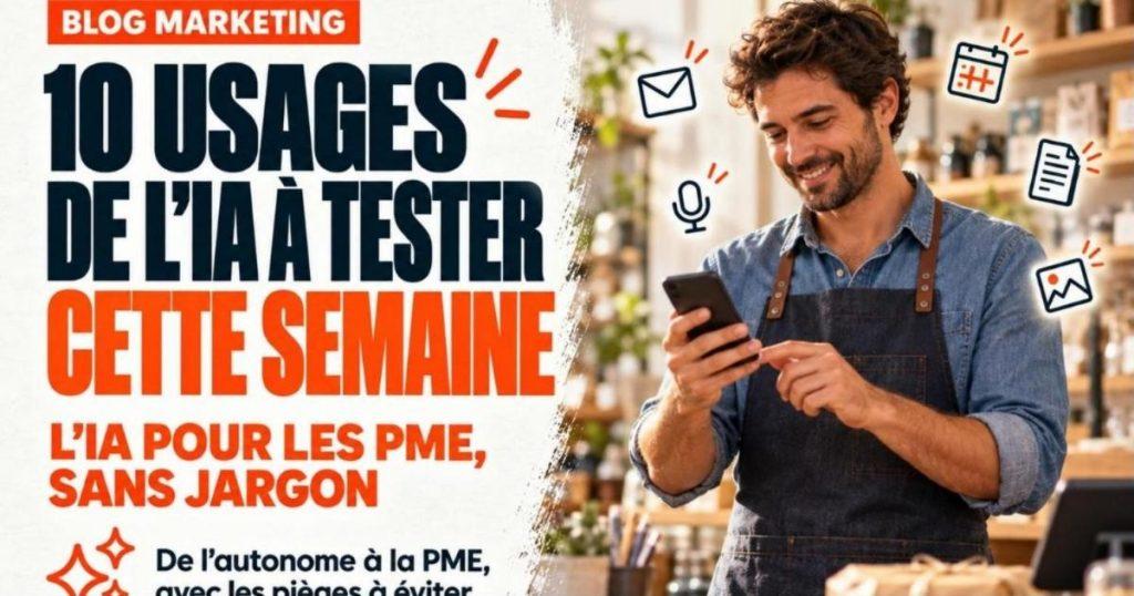 Commerçant en tablier derrière son comptoir qui regarde son téléphone en souriant, entouré d'icônes d'usages IA. L'intelligence artificielle pour les PME : 10 usages concrets