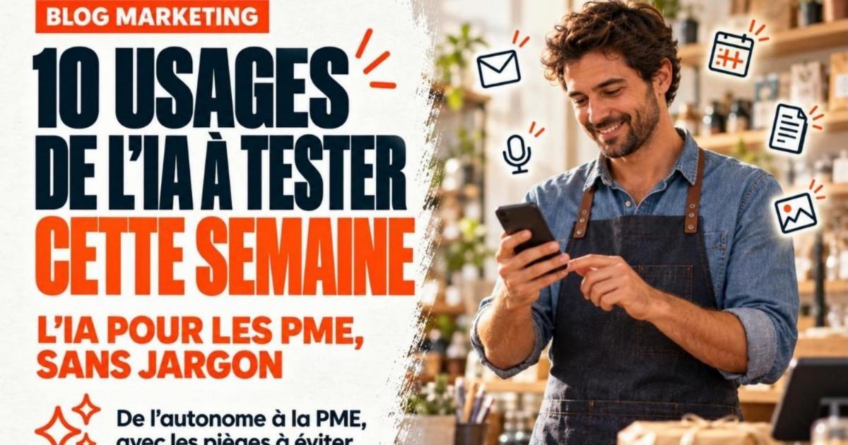 Commerçant en tablier derrière son comptoir qui regarde son téléphone en souriant, entouré d'icônes d'usages IA. L'intelligence artificielle pour les PME : 10 usages concrets