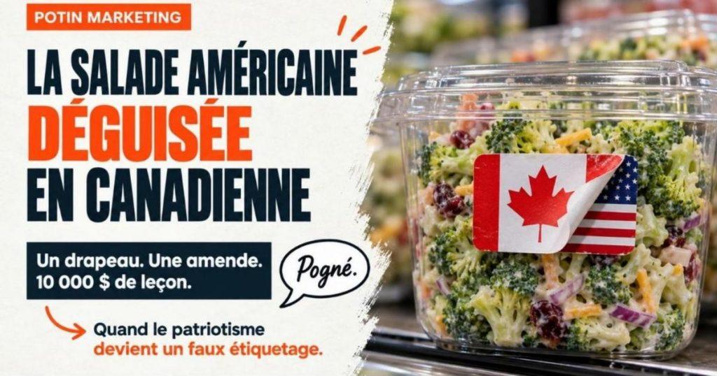 Contenant de salade de brocoli en plastique sur une tablette d'épicerie avec un petit drapeau canadien collé dessus. Loblaw a déguisé une salade américaine en produit canadien