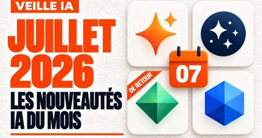 Veille IA juillet 2026 : grille de quatre cartes d'assistants IA, calendrier orange marqué 07 et ruban De retour. Nouvelles IA juillet 2026 : Fable revient, GPT-5.6 débarque