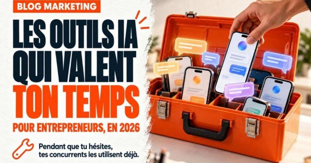 Boîte à outils orange ouverte d'où sortent des écrans de téléphone et des bulles de chat lumineuses. Les meilleurs outils IA pour entrepreneurs en 2026