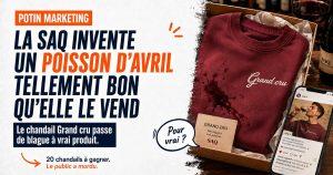 Chandail de la SAQ avec tache de vin permanente, poisson d avril du 1er avril 2026 devenu vrai produit apres l engouement des internautes.