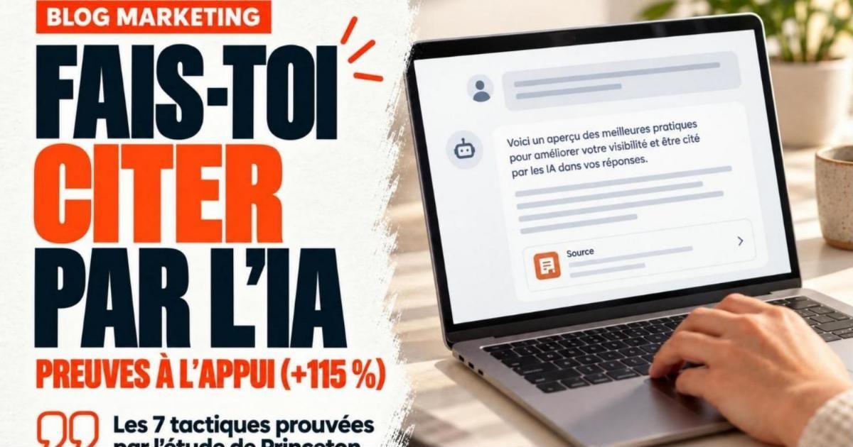 Ordinateur portable montrant une interface de chatbot IA dont la réponse cite un site web. Comment faire citer ton site web par l'IA