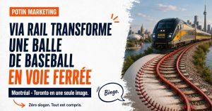Visuel Cossette pour VIA Rail : les coutures d une balle de baseball qui se transforment en voie ferree, en soutien aux Toronto Blue Jays.
