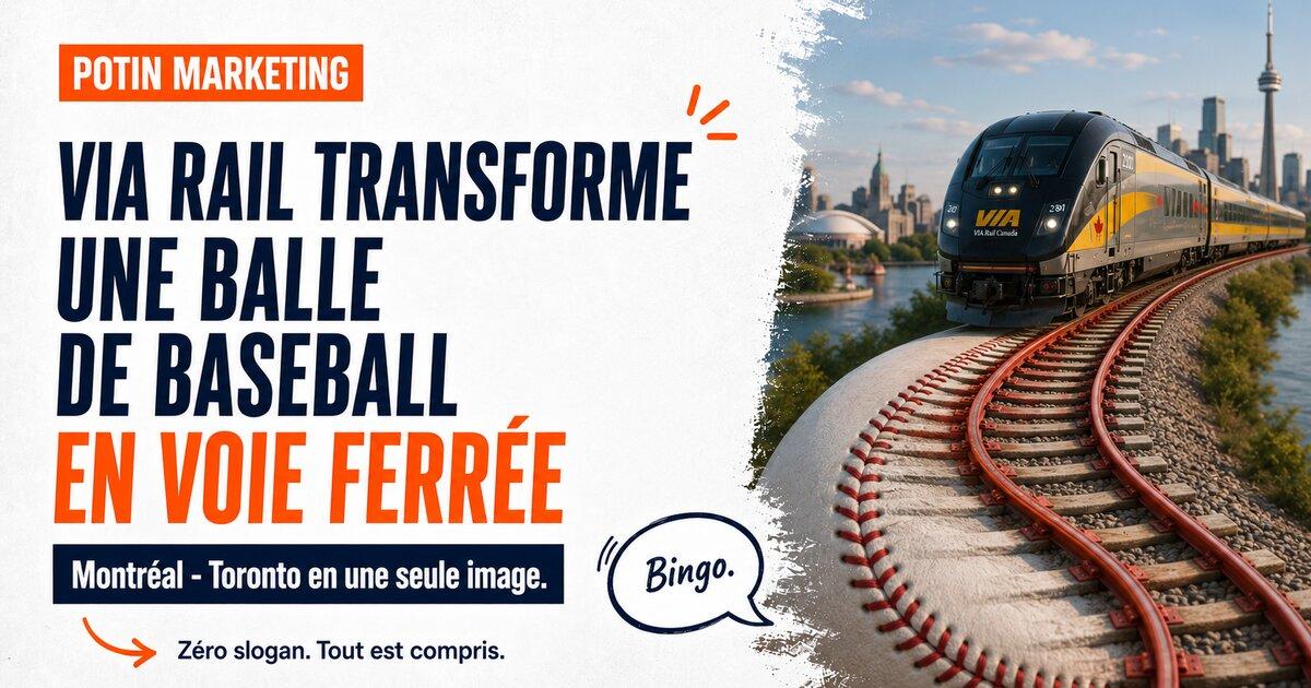 Visuel Cossette pour VIA Rail : les coutures d une balle de baseball qui se transforment en voie ferree, en soutien aux Toronto Blue Jays.