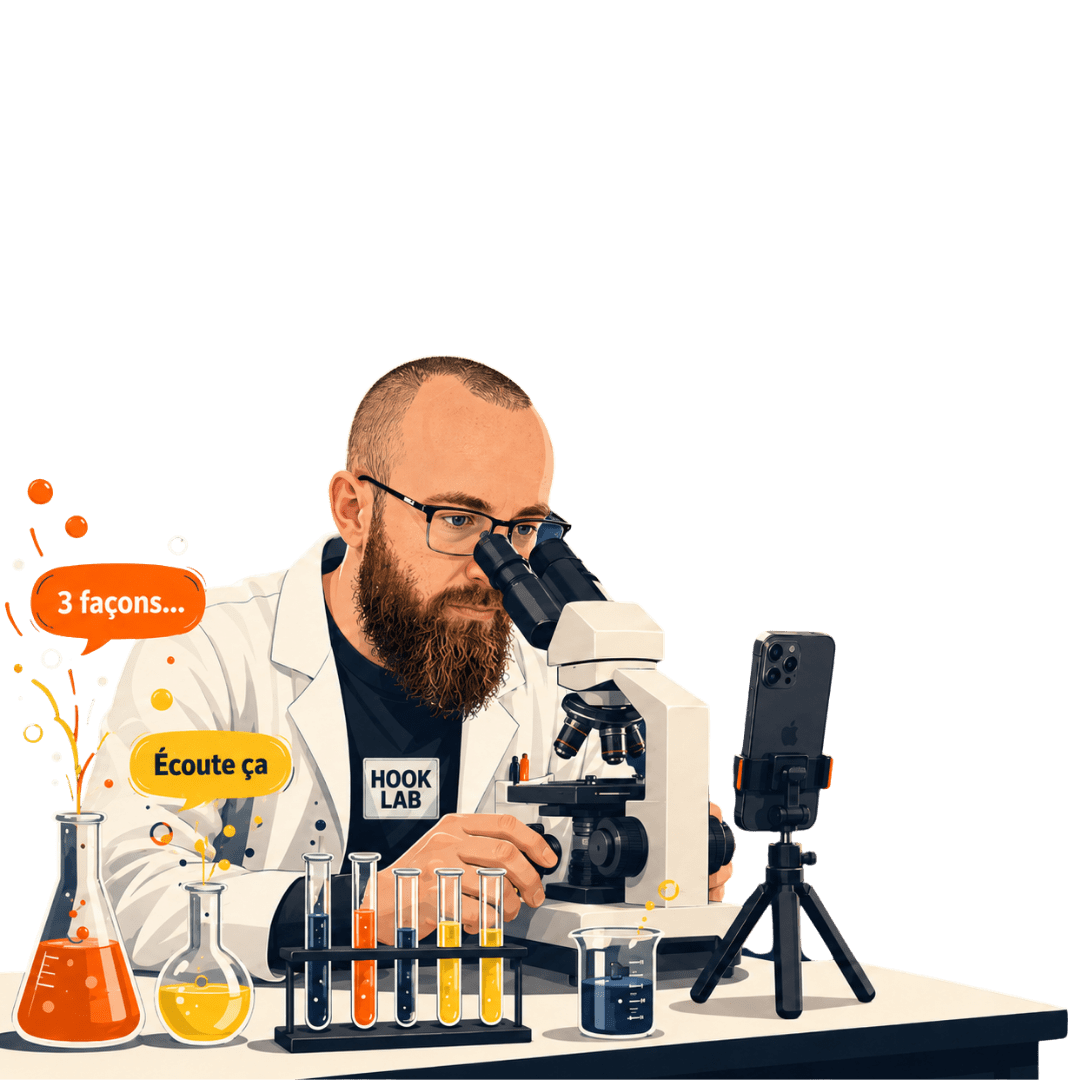 Gabriel dans son labo HOOK LAB avec microscope, iPhone et béchers colorés