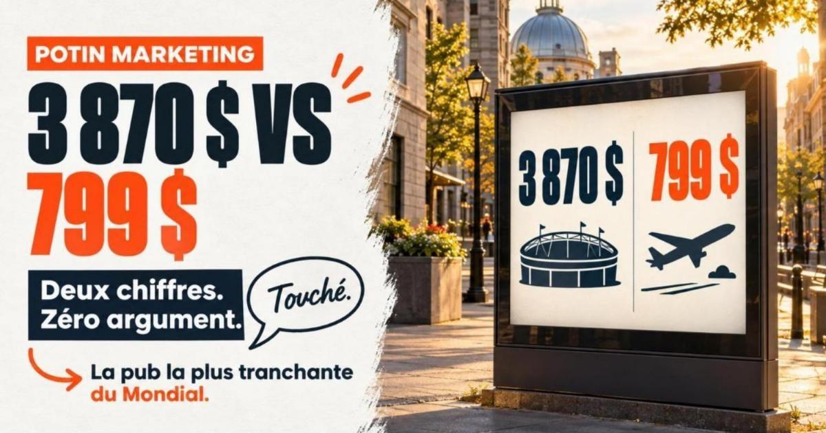 Panneau numérique à Montréal comparant 3 870 $ pour un billet de stade et 799 $ pour un vol vers le Portugal. Air Transat : la pub la plus tranchante du Mondial 2026