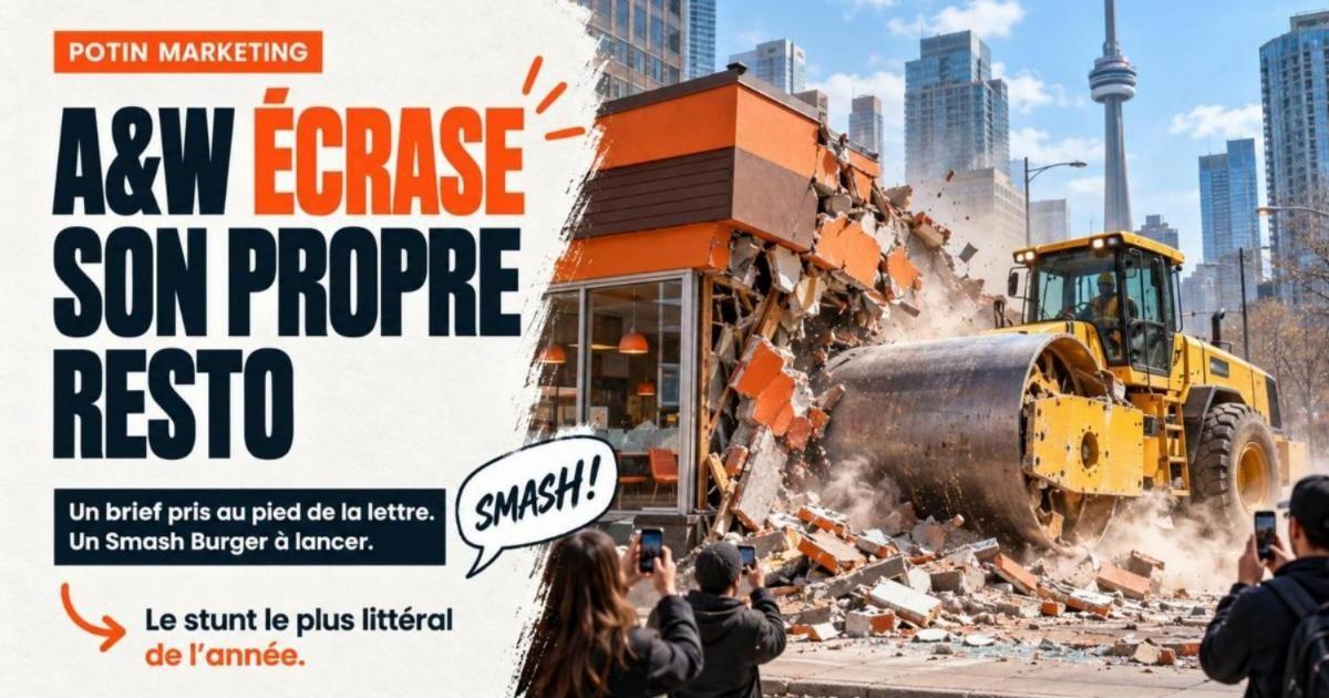 Rouleau compresseur jaune qui écrase la façade d'un petit restaurant de burgers à Toronto. A&W écrase un de ses restos pour lancer son smash burger