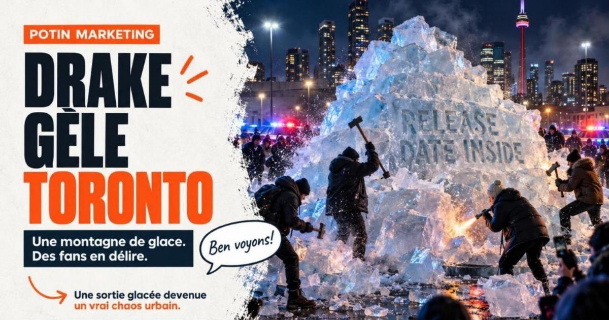 Scène de concert extérieure glacée à Toronto avec des fans emmitouflés et des projecteurs dans la neige. Drake gèle Toronto