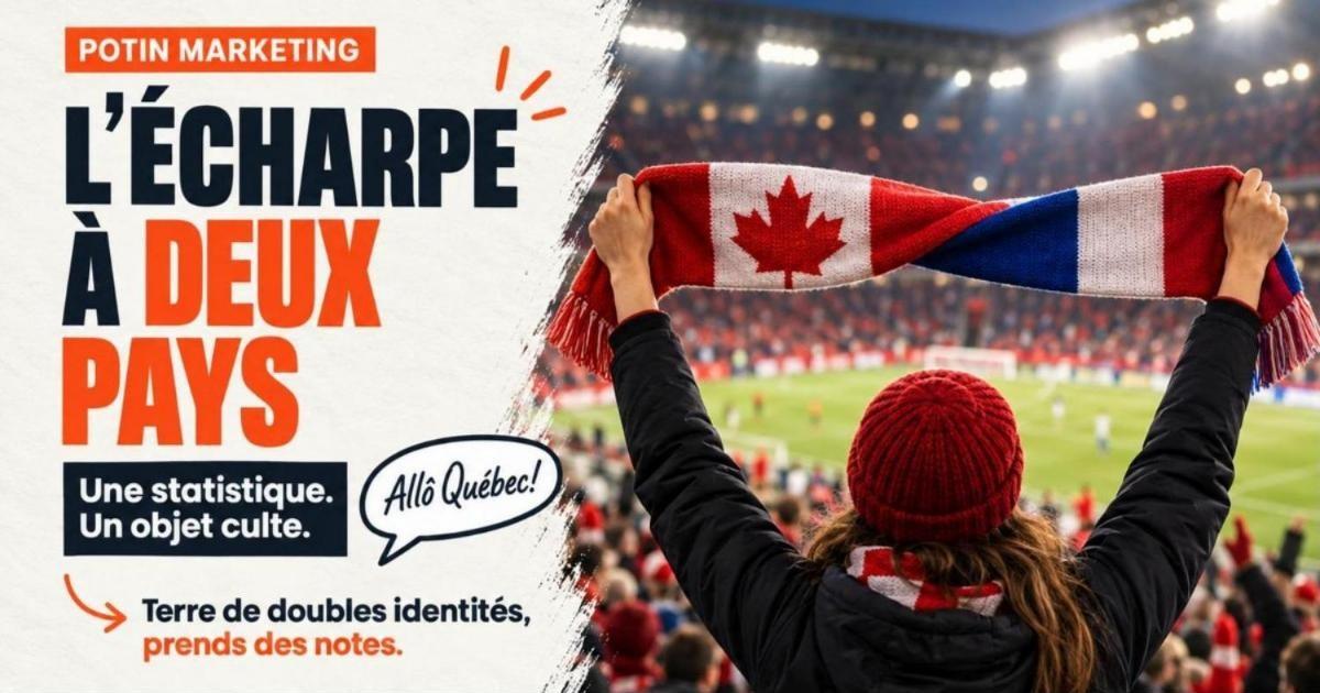 Écharpe de soccer réversible tenue à deux mains au-dessus d'une foule dans un stade. FanDuel invente l'écharpe à deux pays