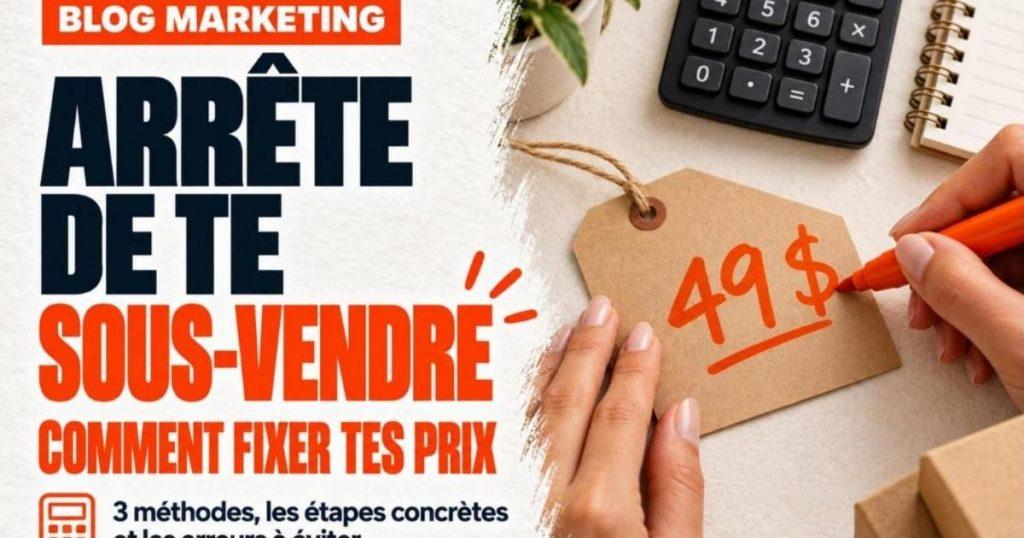 Mains d'entrepreneure qui écrivent 49 $ au marqueur orange sur une étiquette en carton, calculatrice et carnet à côté. Comment fixer ses prix quand on est entrepreneur