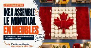 Drapeau du Canada reconstitué au sol avec des tapis rouges, des tabourets blancs et une peluche rouge, vu de haut. IKEA Canada refait 18 drapeaux du Mondial avec son catalogue