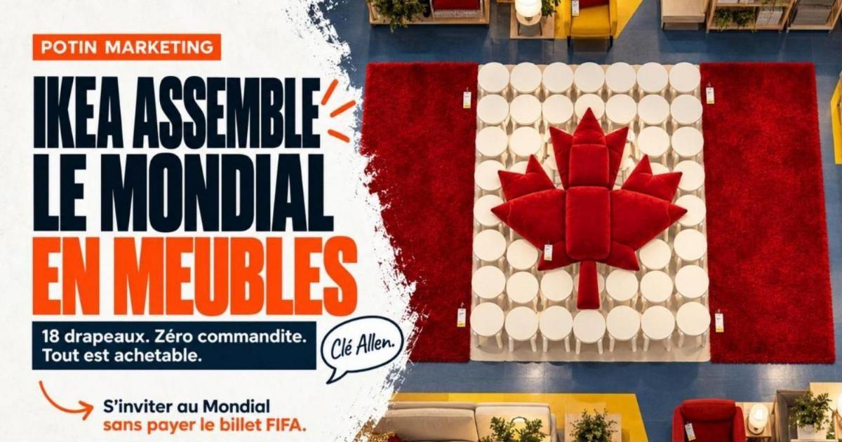 Drapeau du Canada reconstitué au sol avec des tapis rouges, des tabourets blancs et une peluche rouge, vu de haut. IKEA Canada refait 18 drapeaux du Mondial avec son catalogue