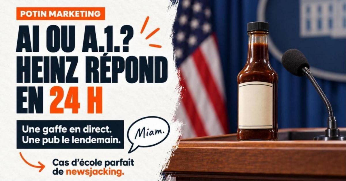 Bouteille de sauce à steak brune posée sur un pupitre de conférence en bois devant un micro. Kraft Heinz répond à la confusion AI et A.1. d'une ministre