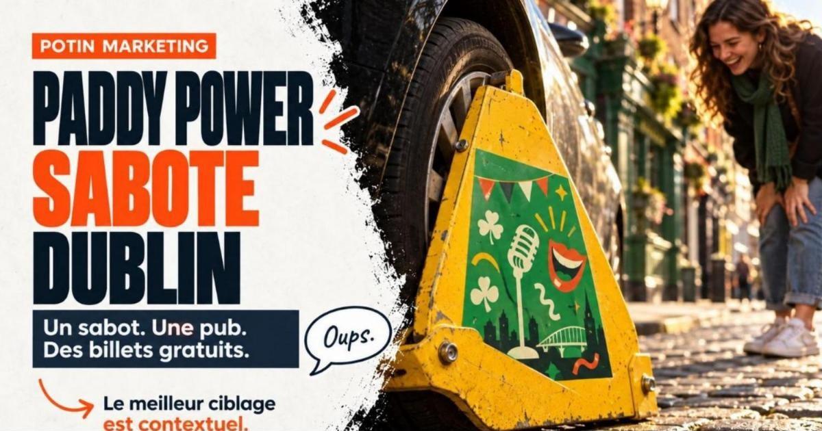 Roue de voiture avec un sabot de stationnement jaune vif sur lequel est collée une affiche verte de festival d'humour. Paddy Power sabote Dublin pour son Comedy Festival