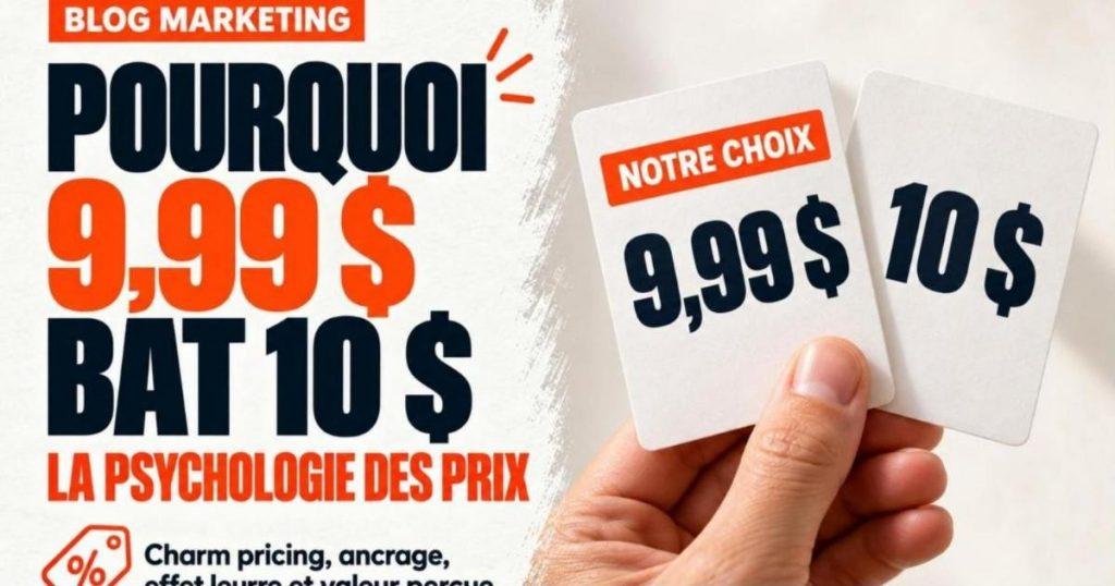 Main tenant deux cartes blanches, l'une avec 9,99 $ et une étiquette orange Notre choix, l'autre avec 10 $. La psychologie des prix : pourquoi 9,99 $ bat 10 $