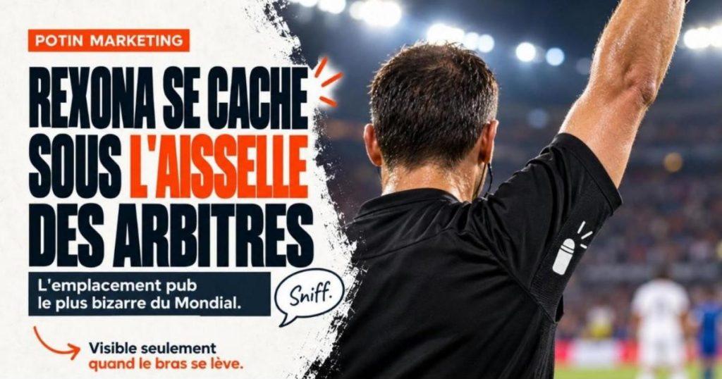 Arbitre de soccer de dos, bras levé, avec un petit logo caché sous l'aisselle. Rexona cache son logo sous l'aisselle des arbitres du Mondial 2026