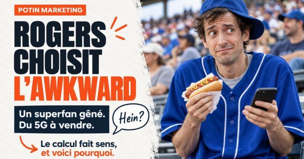 Homme maigre et maladroit en chandail de baseball bleu trop grand dans un stade. Pourquoi Rogers a engagé Michael Cera pour vendre du 5G
