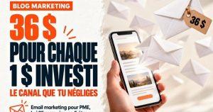 Main tenant un téléphone affichant une infolettre, avec des enveloppes blanches qui s'envolent de l'écran. Email marketing pour PME : le canal le plus rentable (guide 2026)