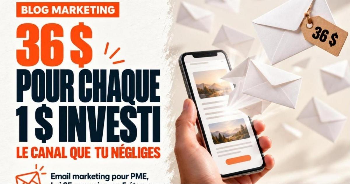Main tenant un téléphone affichant une infolettre, avec des enveloppes blanches qui s'envolent de l'écran. Email marketing pour PME : le canal le plus rentable (guide 2026)
