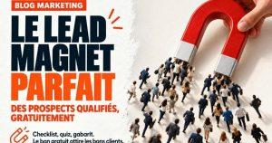 Gros aimant en U rouge et argent tenu par une main qui attire une foule miniature de gens d'affaires. Le lead magnet parfait pour attirer des prospects qualifiés
