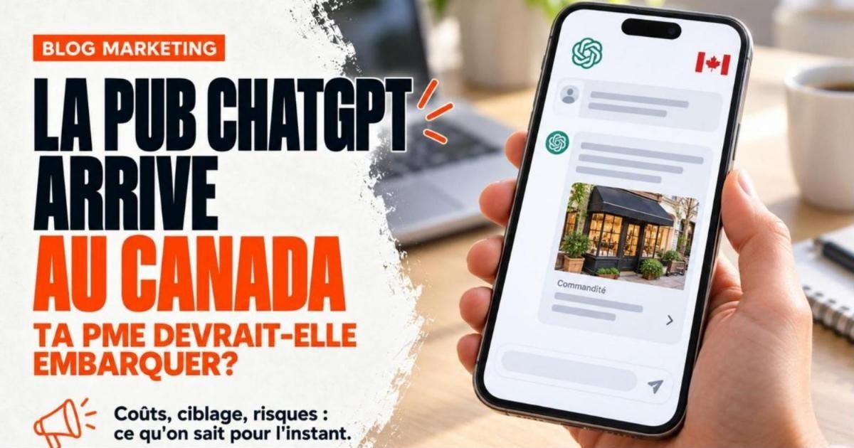 Téléphone affichant une conversation de chatbot IA avec une petite carte publicitaire insérée dans la réponse. La publicité ChatGPT arrive au Canada : ta PME devrait-elle embarquer?