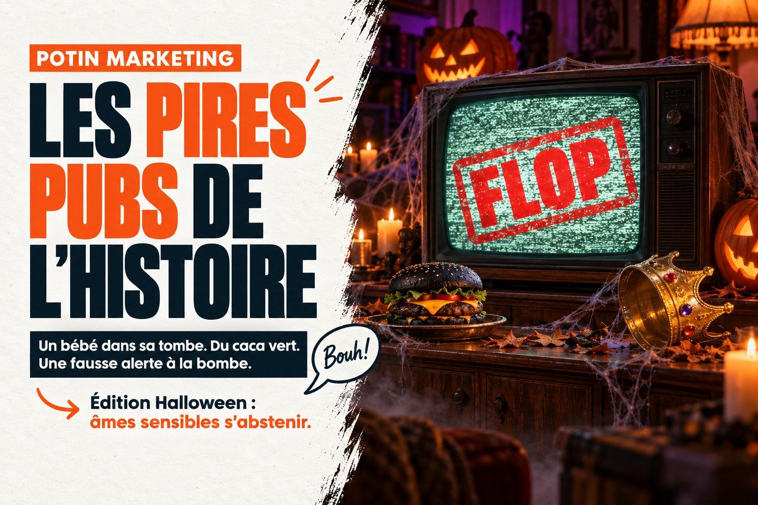 Vieille télé avec le mot FLOP entourée de citrouilles d'Halloween, illustrant les pires pubs de l'histoire